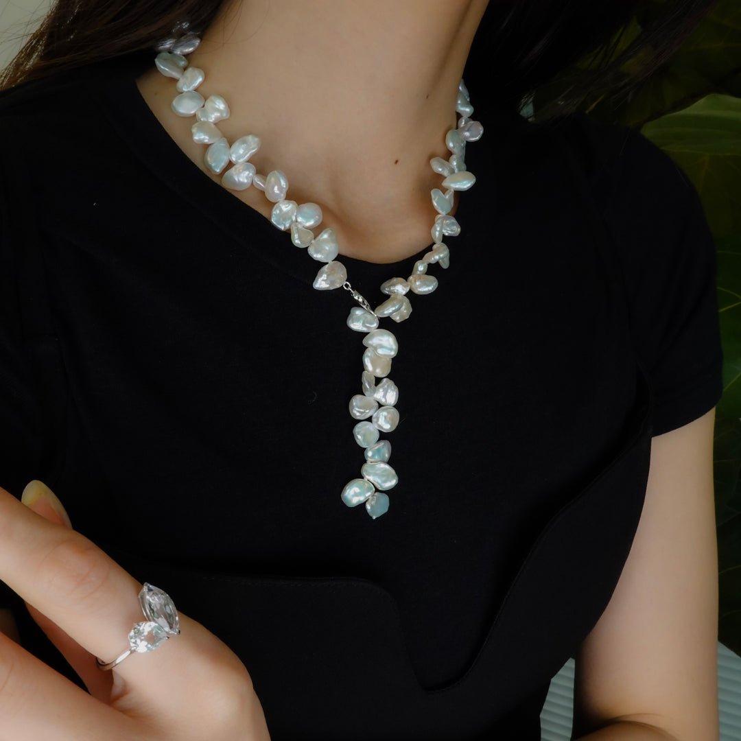 3WAY FALLING PATELS PEARL LARIAT NECKLACE (SV)
