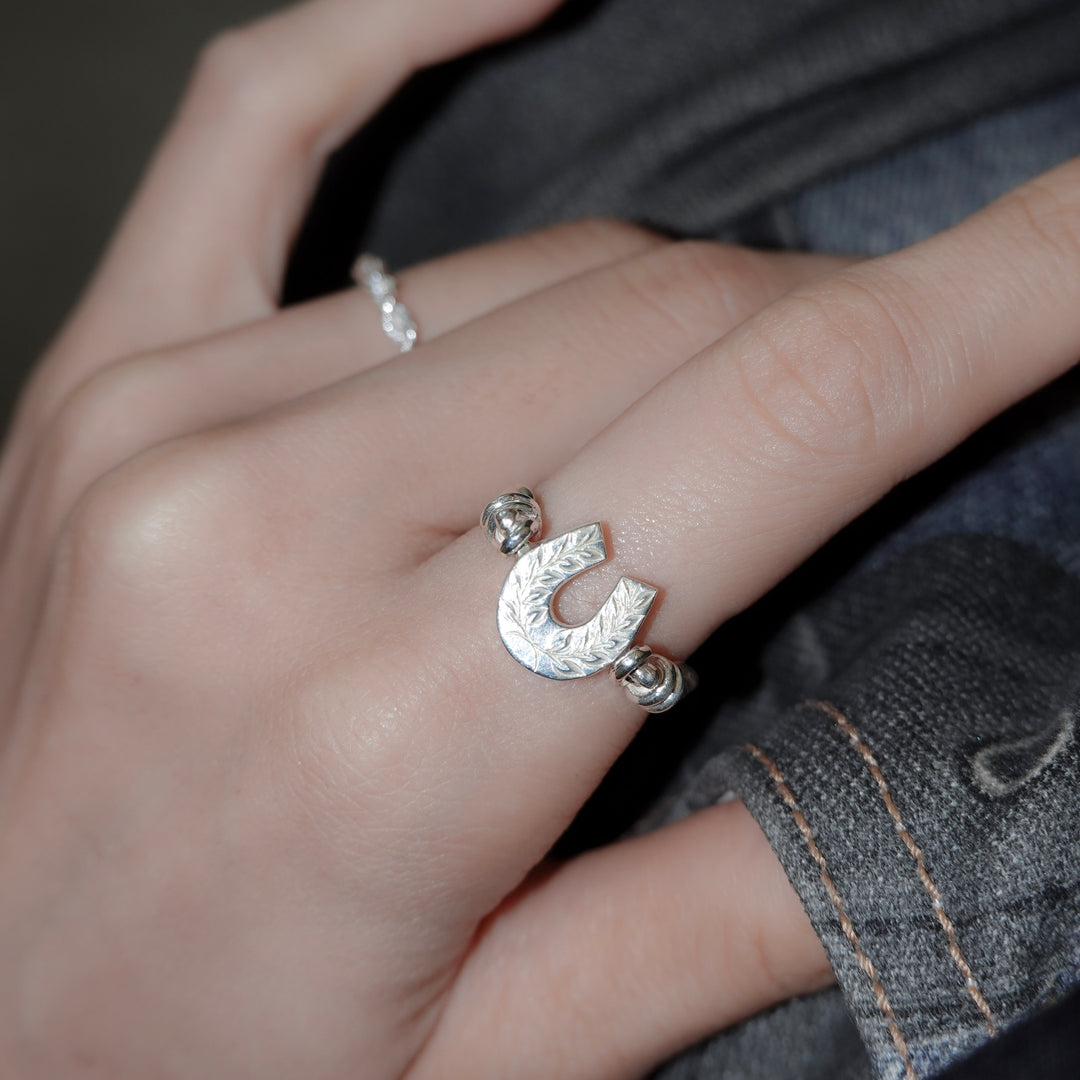 Engraved horseshoe double side ring- Ruby