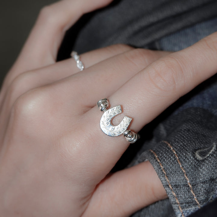 Engraved horseshoe double side ring- Ruby