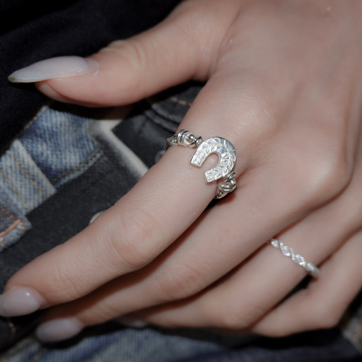 Engraved horseshoe double side ring- Ruby