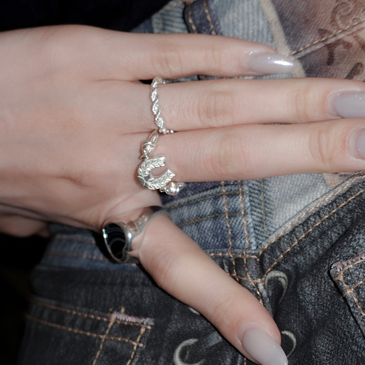 Engraved horseshoe double side ring- Ruby