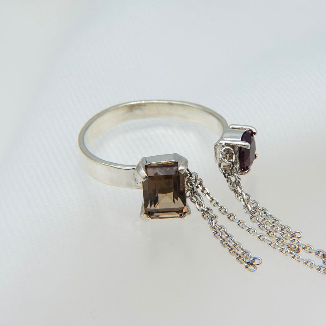 ブレイキンチェーンリング(スモーキークォーツ、ロードライトガーネット)