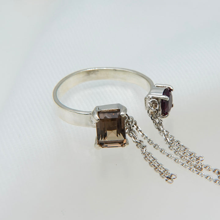 ブレイキンチェーンリング(スモーキークォーツ、ロードライトガーネット)