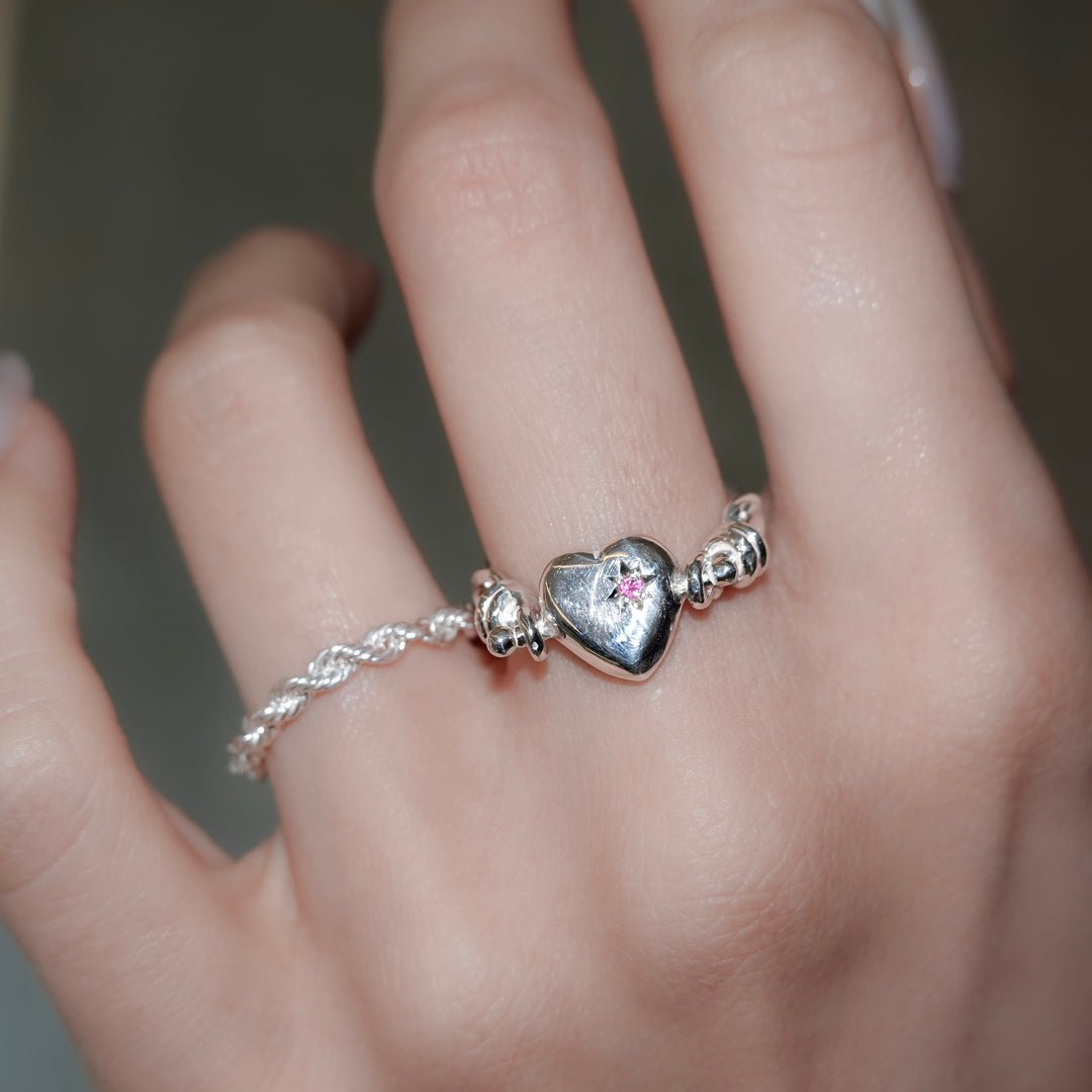 Engraved heart double side ring- Ruby