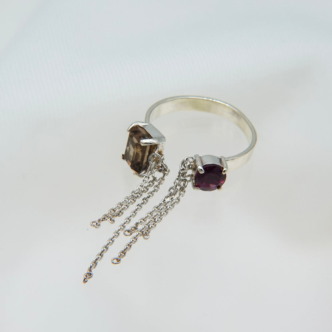 ブレイキンチェーンリング(スモーキークォーツ、ロードライトガーネット)