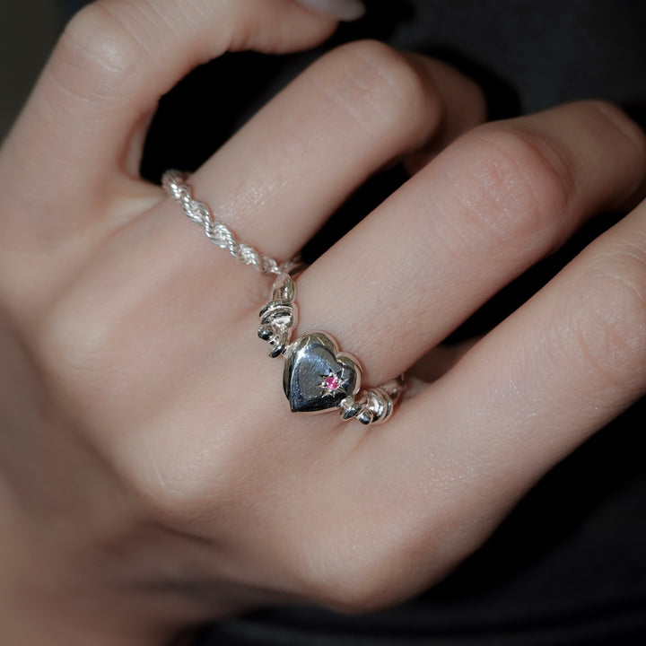 Engraved heart double side ring- Ruby