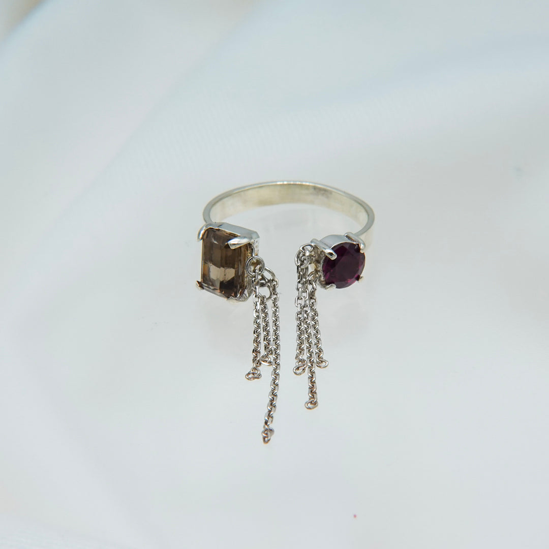 ブレイキンチェーンリング(スモーキークォーツ、ロードライトガーネット)