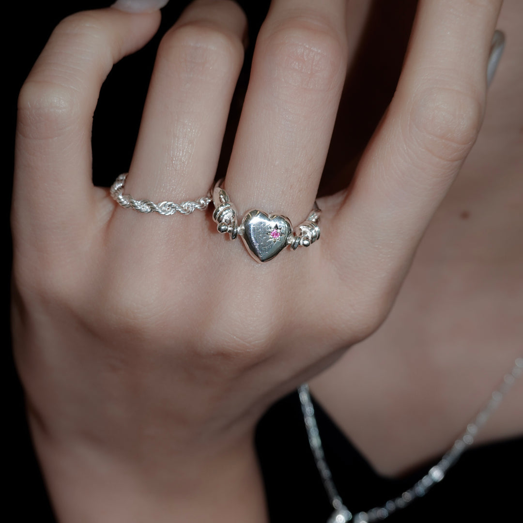 Engraved heart double side ring- Ruby