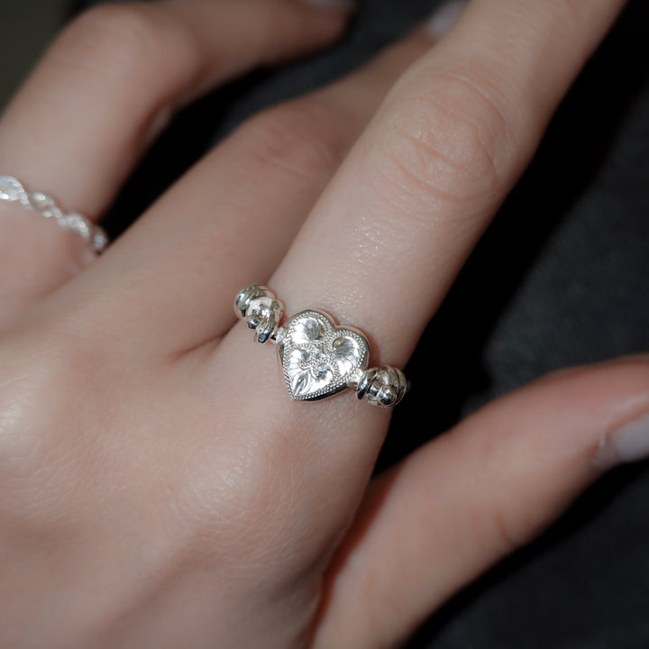 Engraved heart double side ring- Ruby