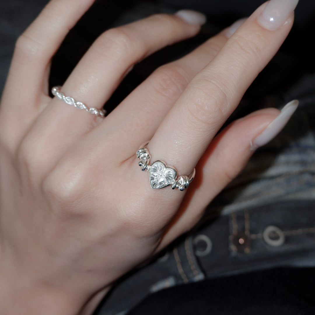 Engraved heart double side ring- Aquamarine