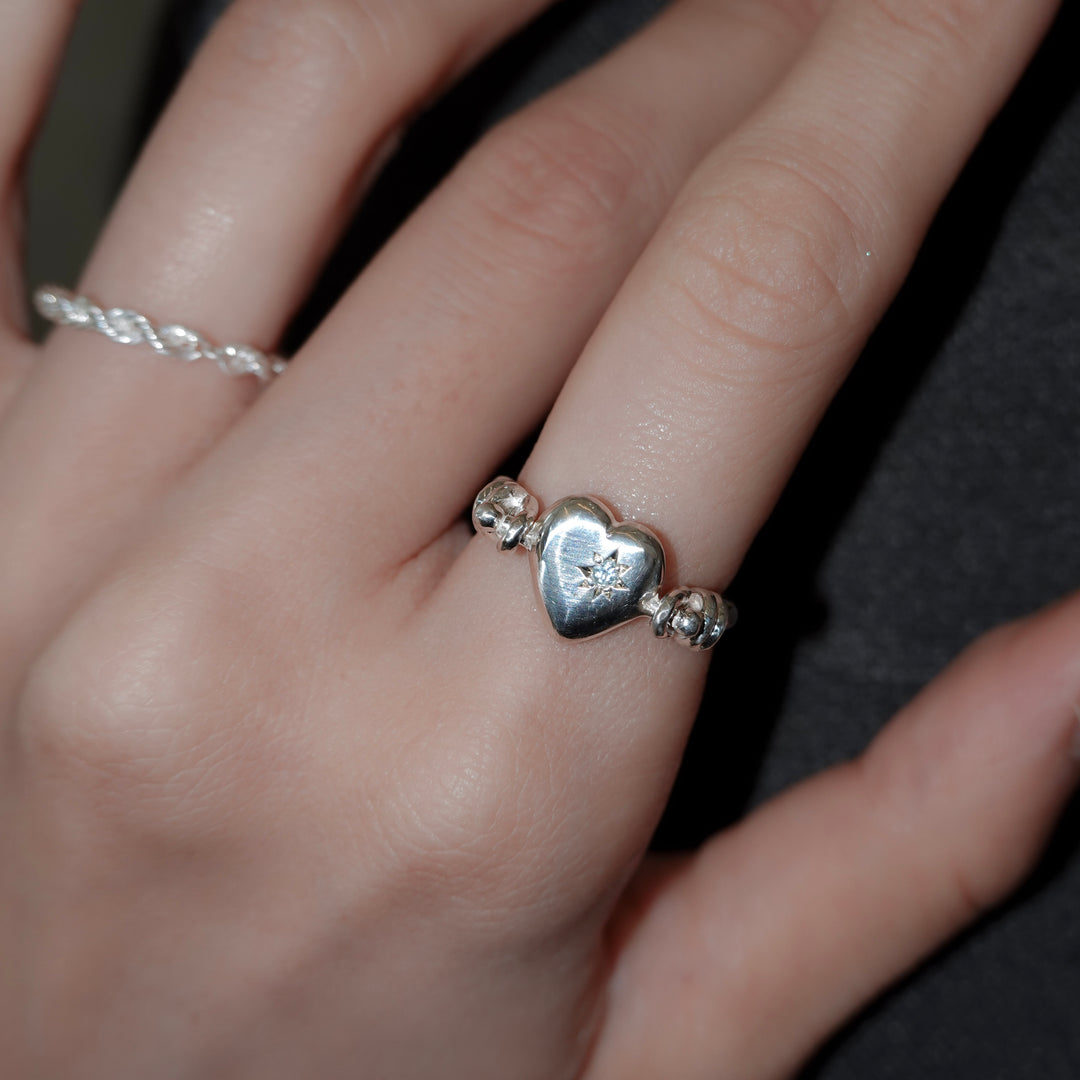 Engraved heart double side ring- Aquamarine