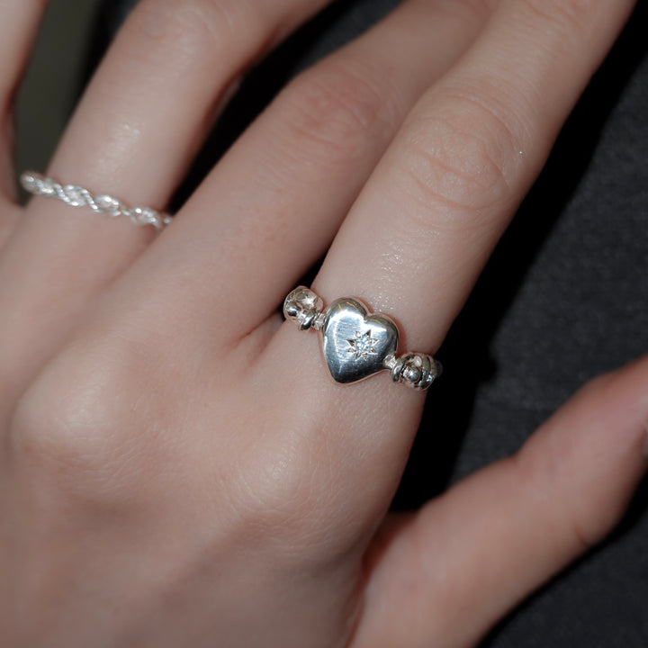 Engraved heart double side ring- Aquamarine
