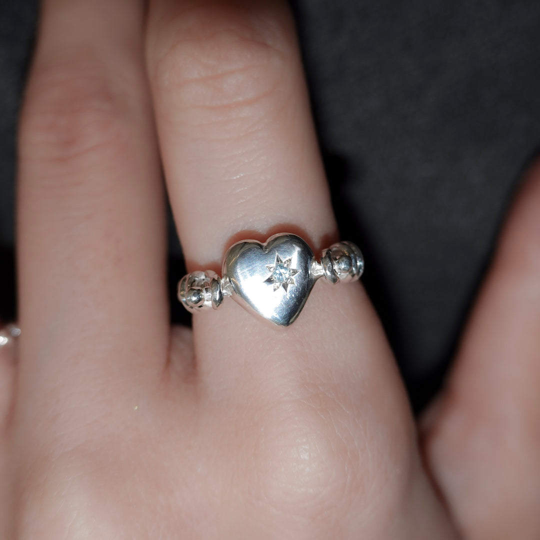 Engraved heart double side ring- Aquamarine