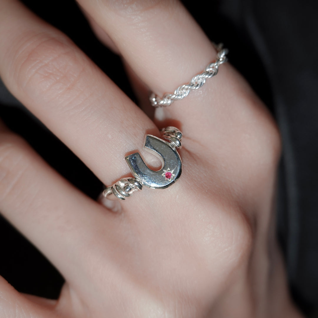 Engraved horseshoe double side ring- Ruby