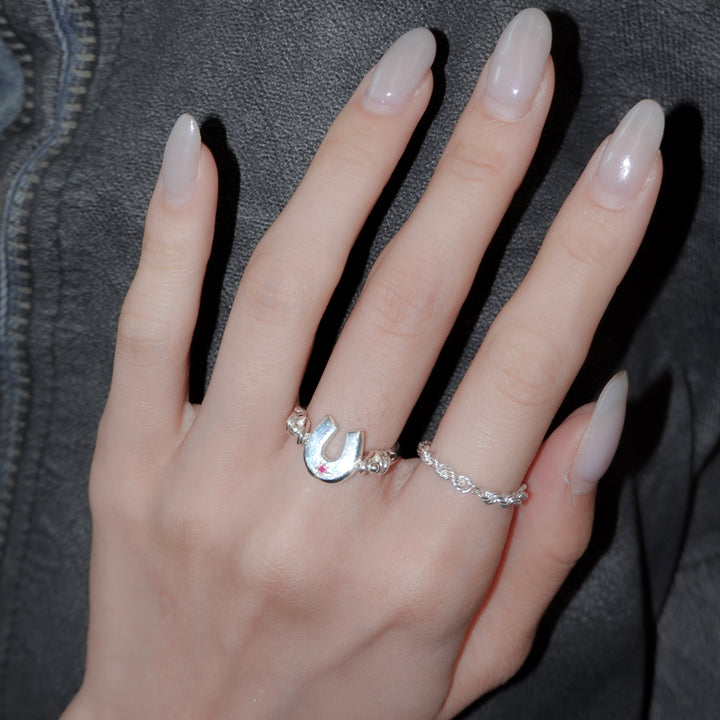 Engraved horseshoe double side ring- Ruby