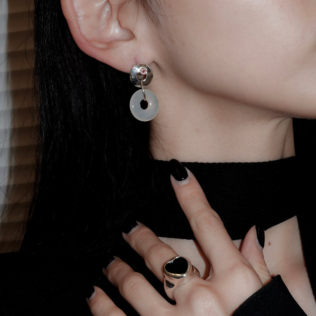 Stone ring earring with sunstone /ivory agate