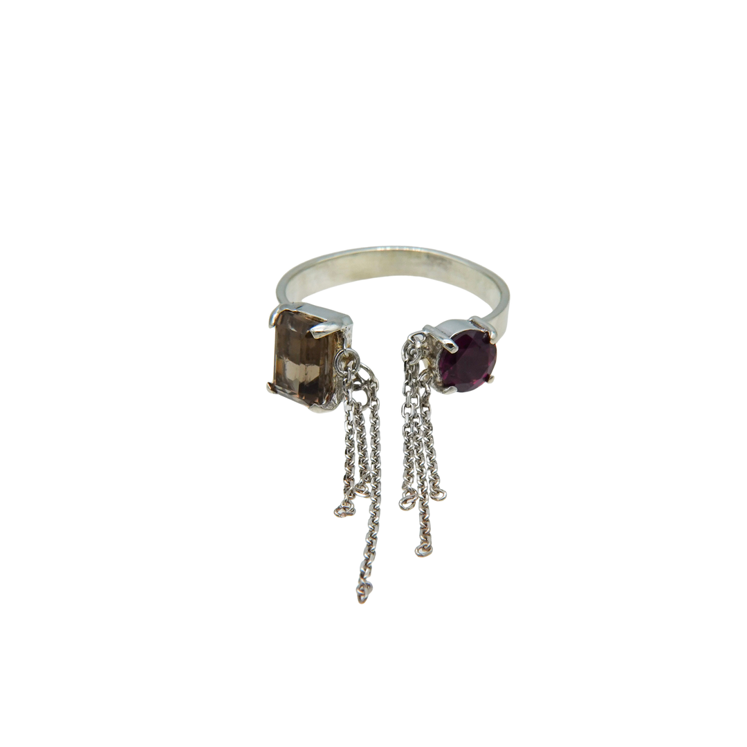 ブレイキンチェーンリング(スモーキークォーツ、ロードライトガーネット)