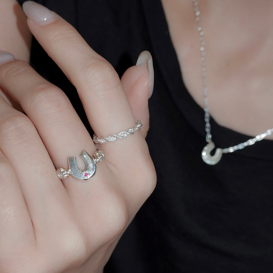 Engraved horseshoe double side ring- Ruby