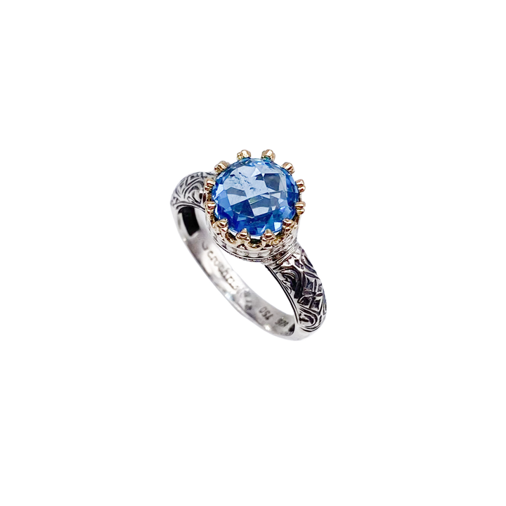 Crown small round Ring in 18K Gold and sterling silver with blue topaz_2774b