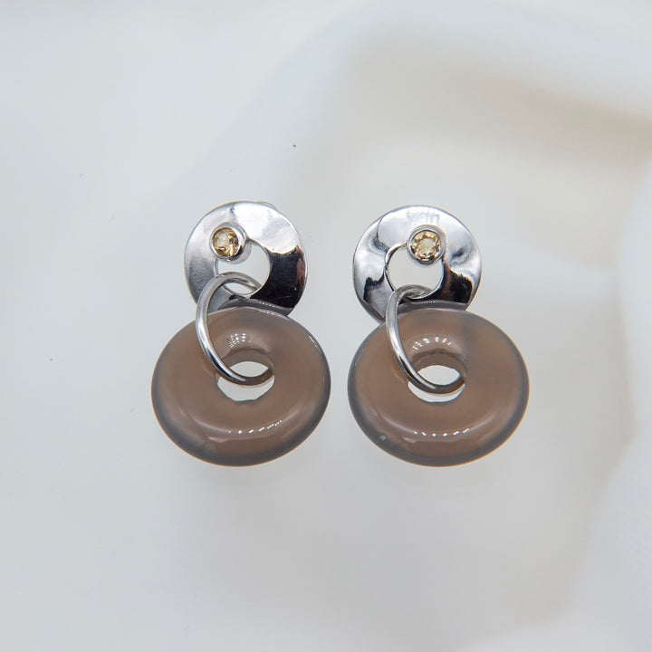 Stone ring earring with citrine/grey agate