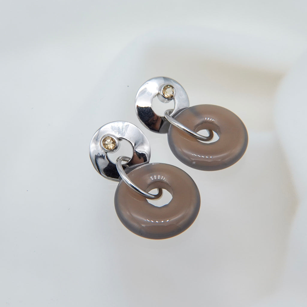 Stone ring earring with citrine/grey agate