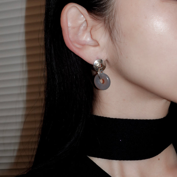 Stone ring earring with citrine/grey agate