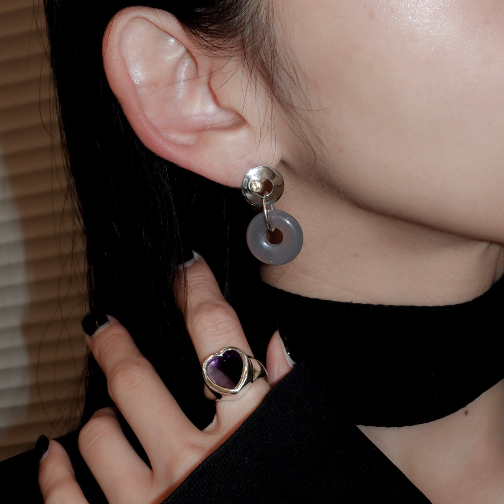 Stone ring earring with citrine/grey agate