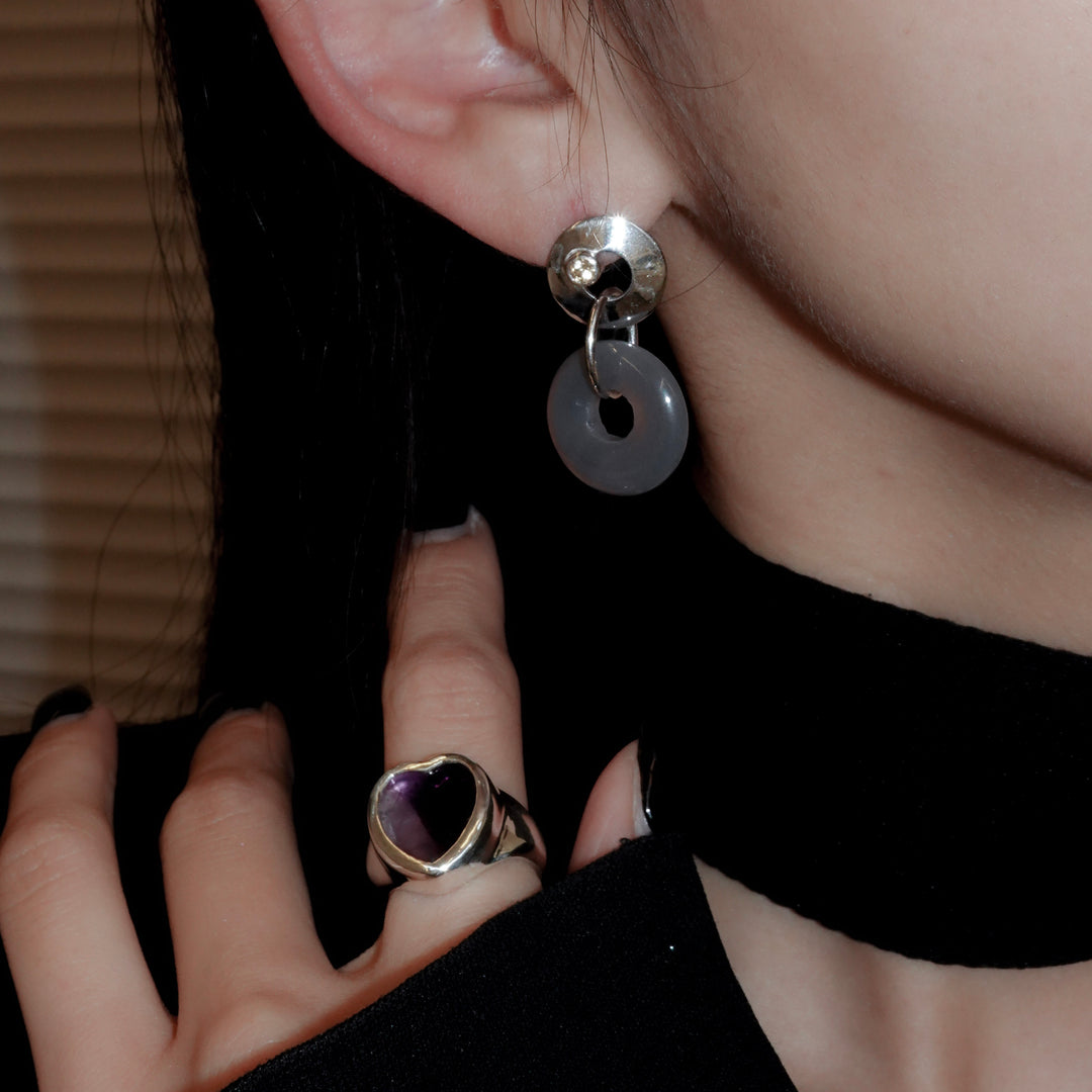 Stone ring earring with citrine/grey agate