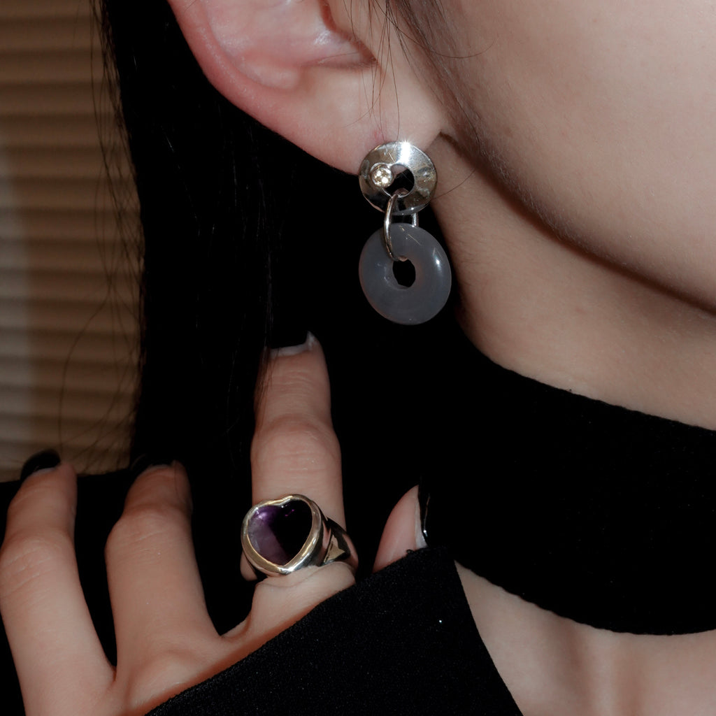 Stone ring earring with citrine/grey agate