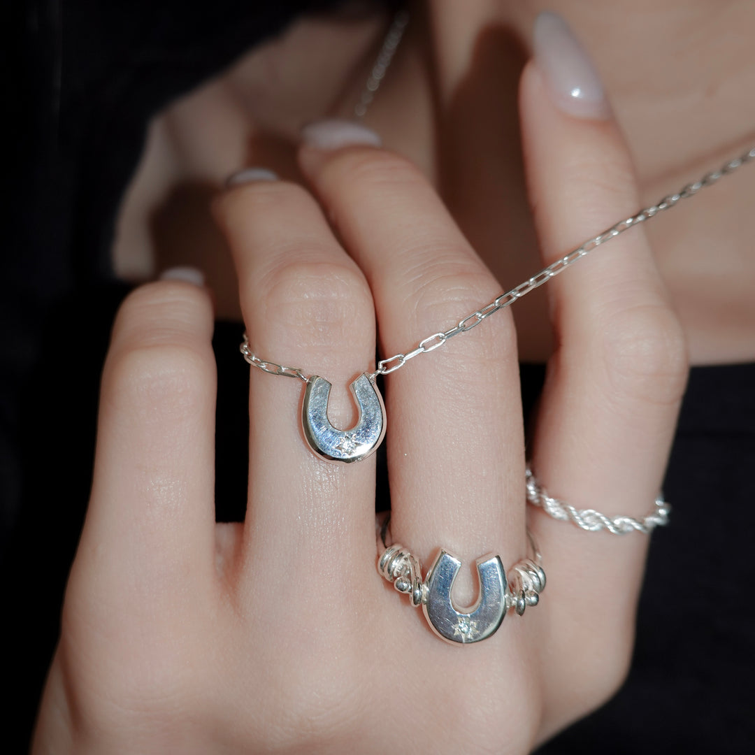 Engraved horseshoe necklace- Aquamarine