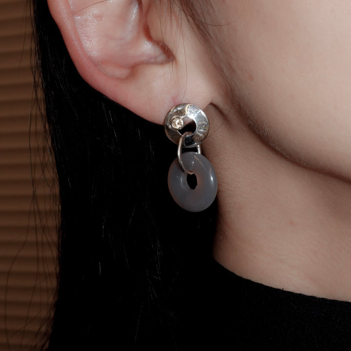 Stone ring earring with citrine/grey agate