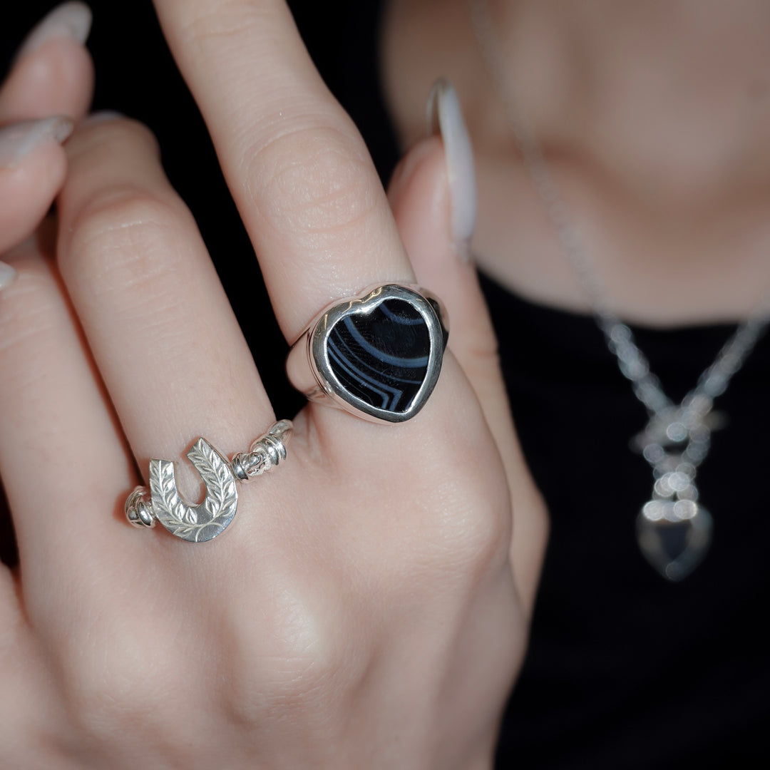 Engraved horseshoe double side ring- Ruby