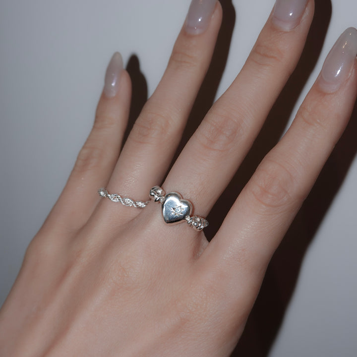 Engraved heart double side ring- Aquamarine