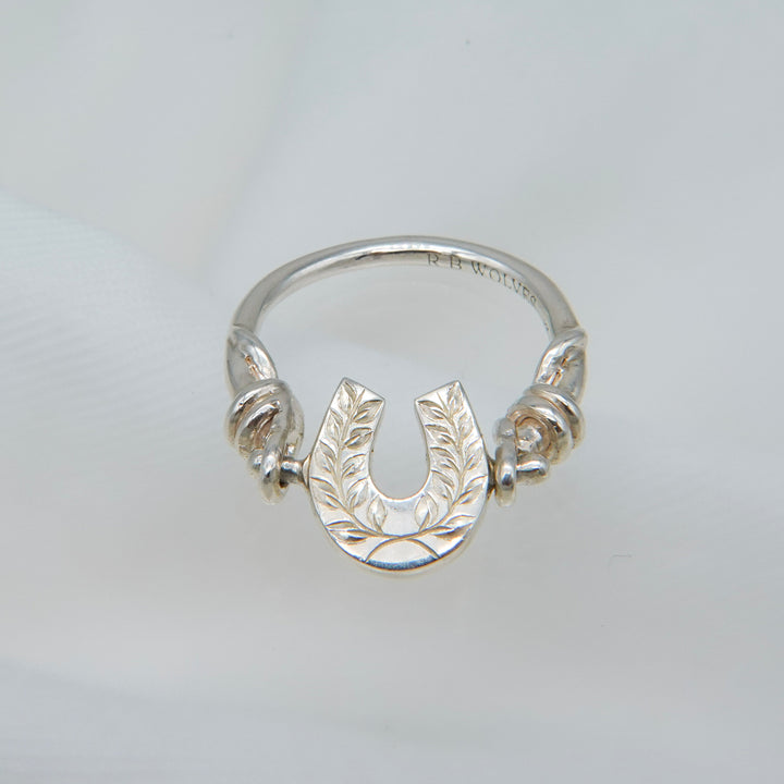 Engraved horseshoe double side ring- Ruby