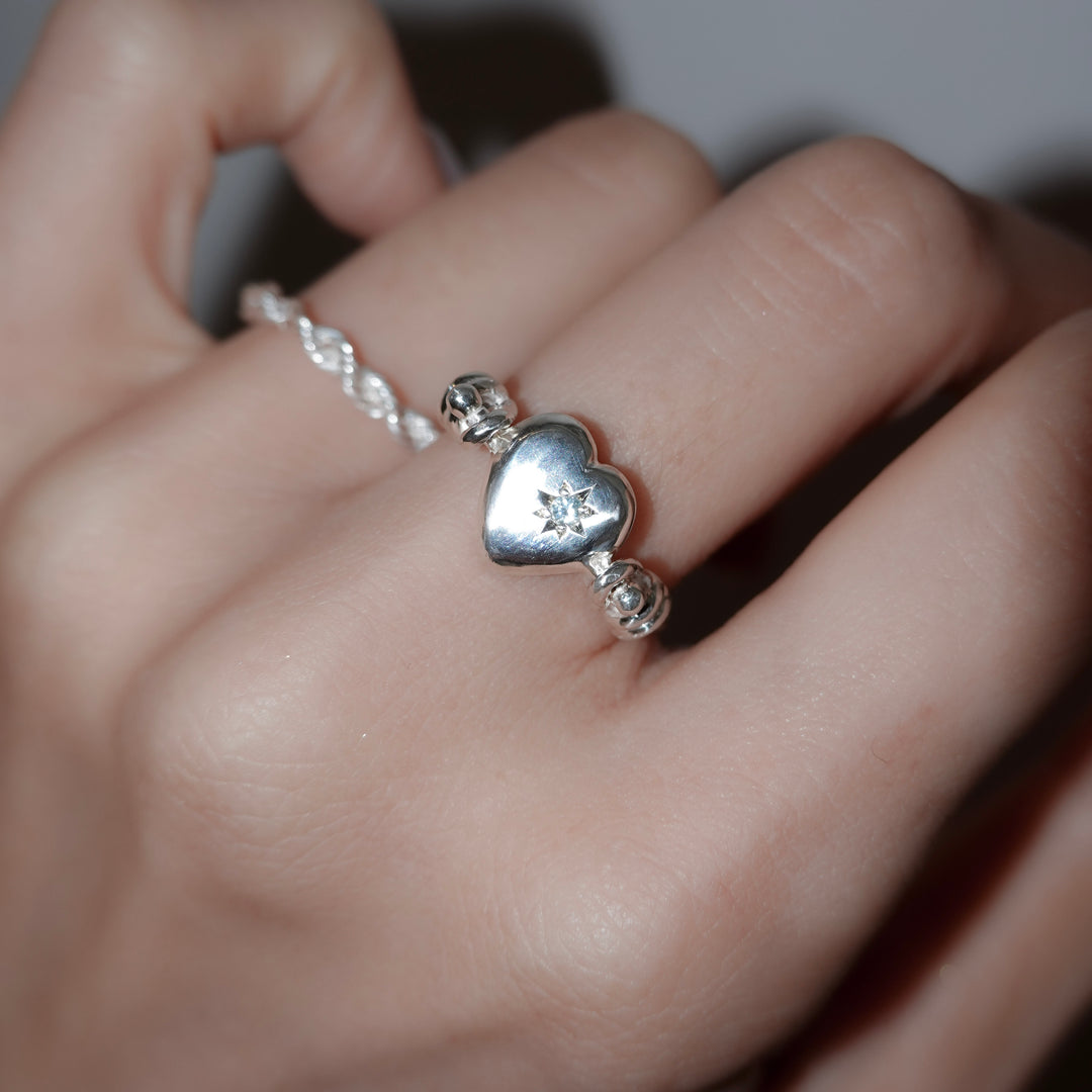 Engraved heart double side ring- Aquamarine