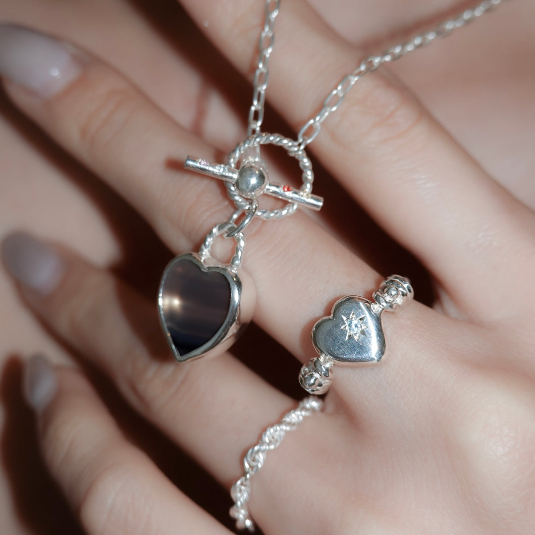 Engraved heart double side ring- Aquamarine