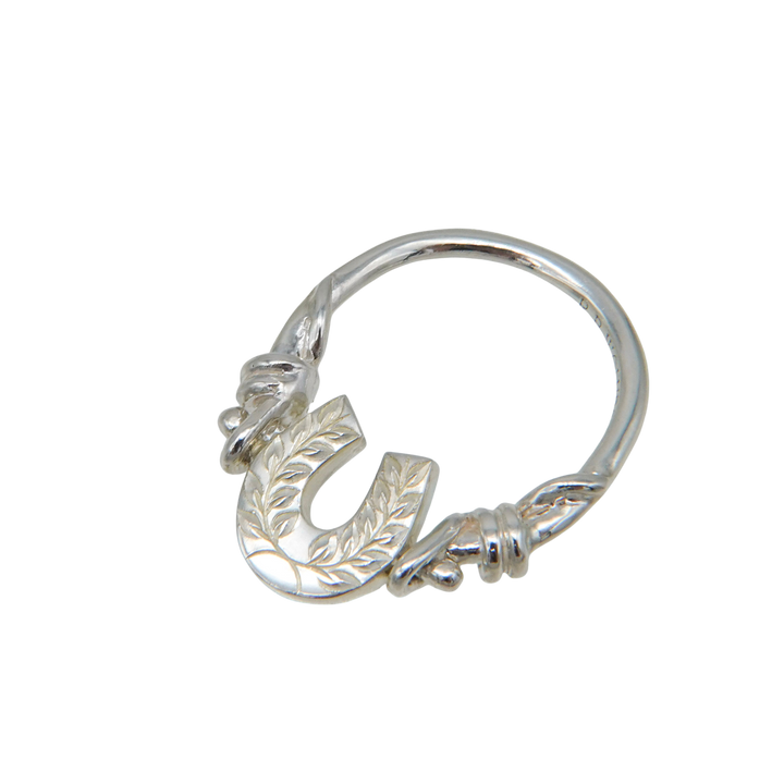 Engraved horseshoe double side ring- Ruby