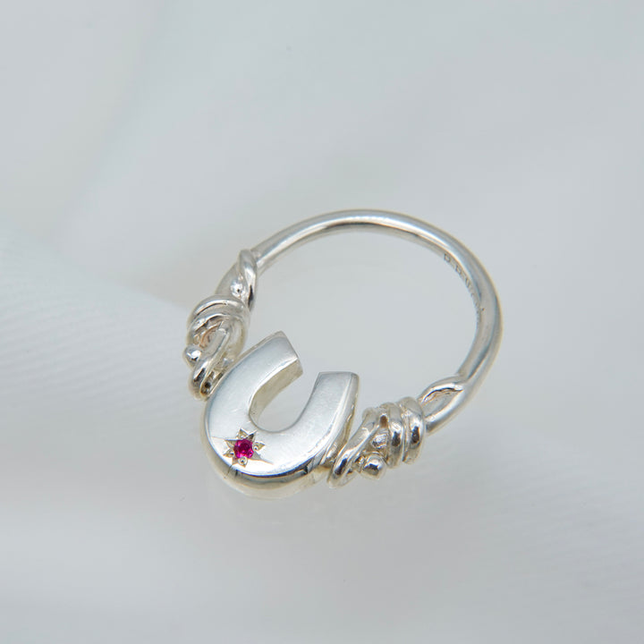 Engraved horseshoe double side ring- Ruby