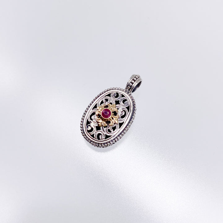 Garden shadows medium oval pendant in 18K Gold and Sterling Silver with ruby_1123C