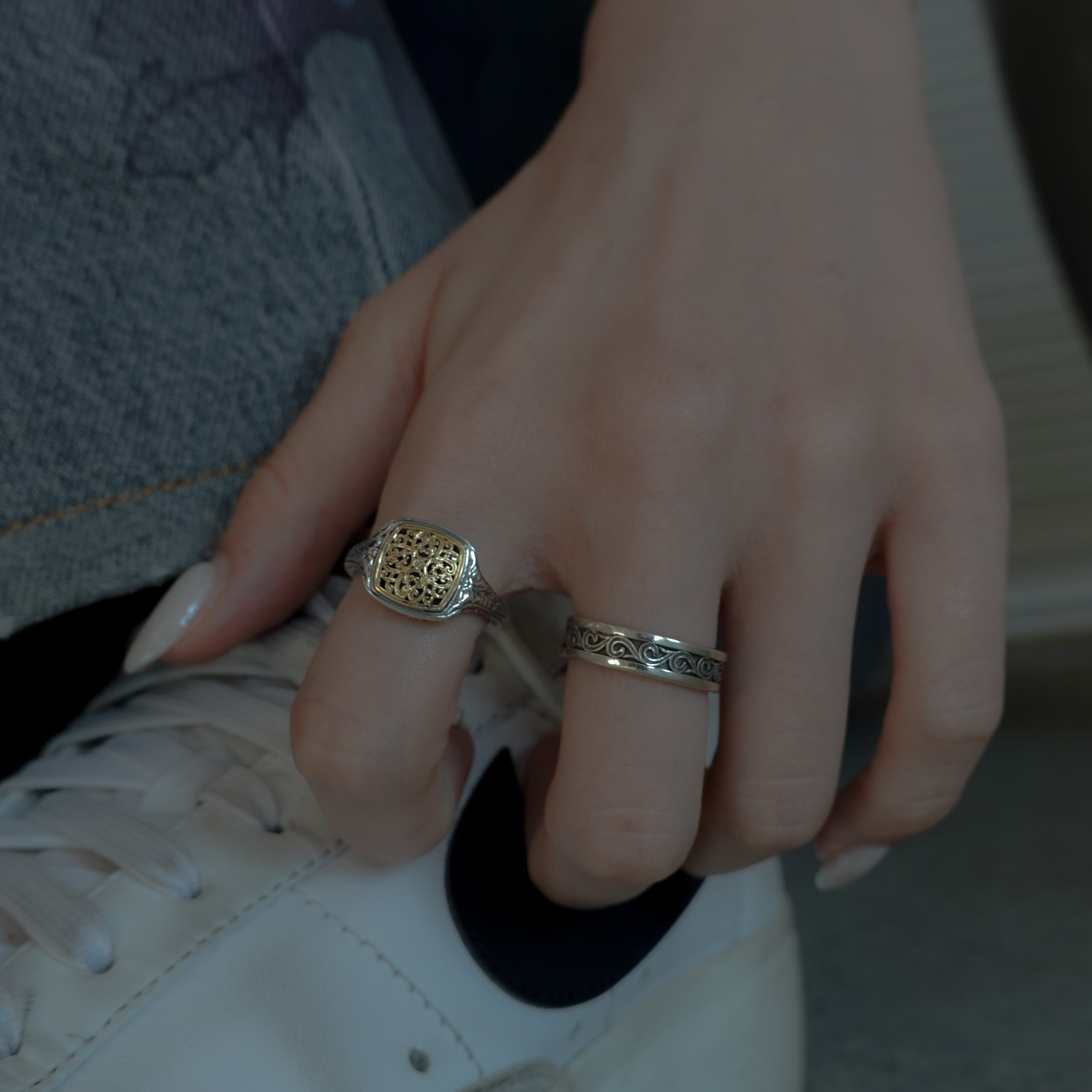 Mediterranean square pinky ring in 18K Gold and sterling