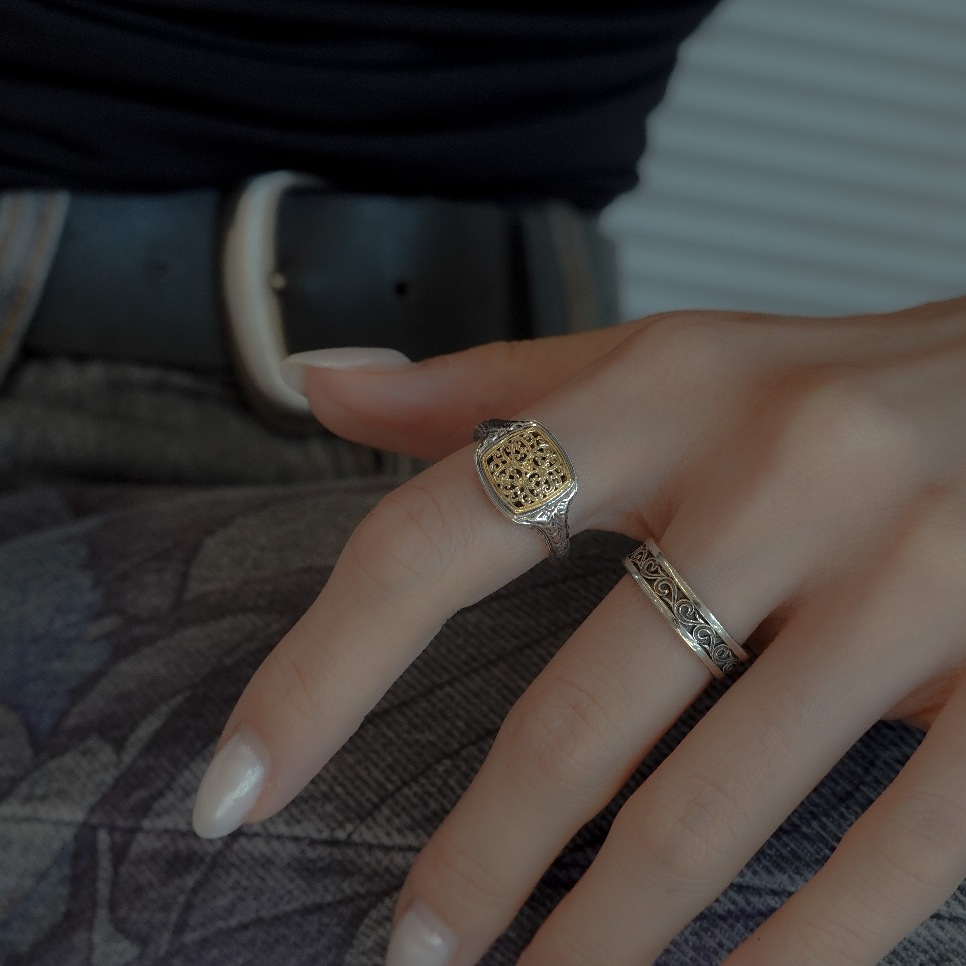 Mediterranean square pinky ring in 18K Gold and sterling