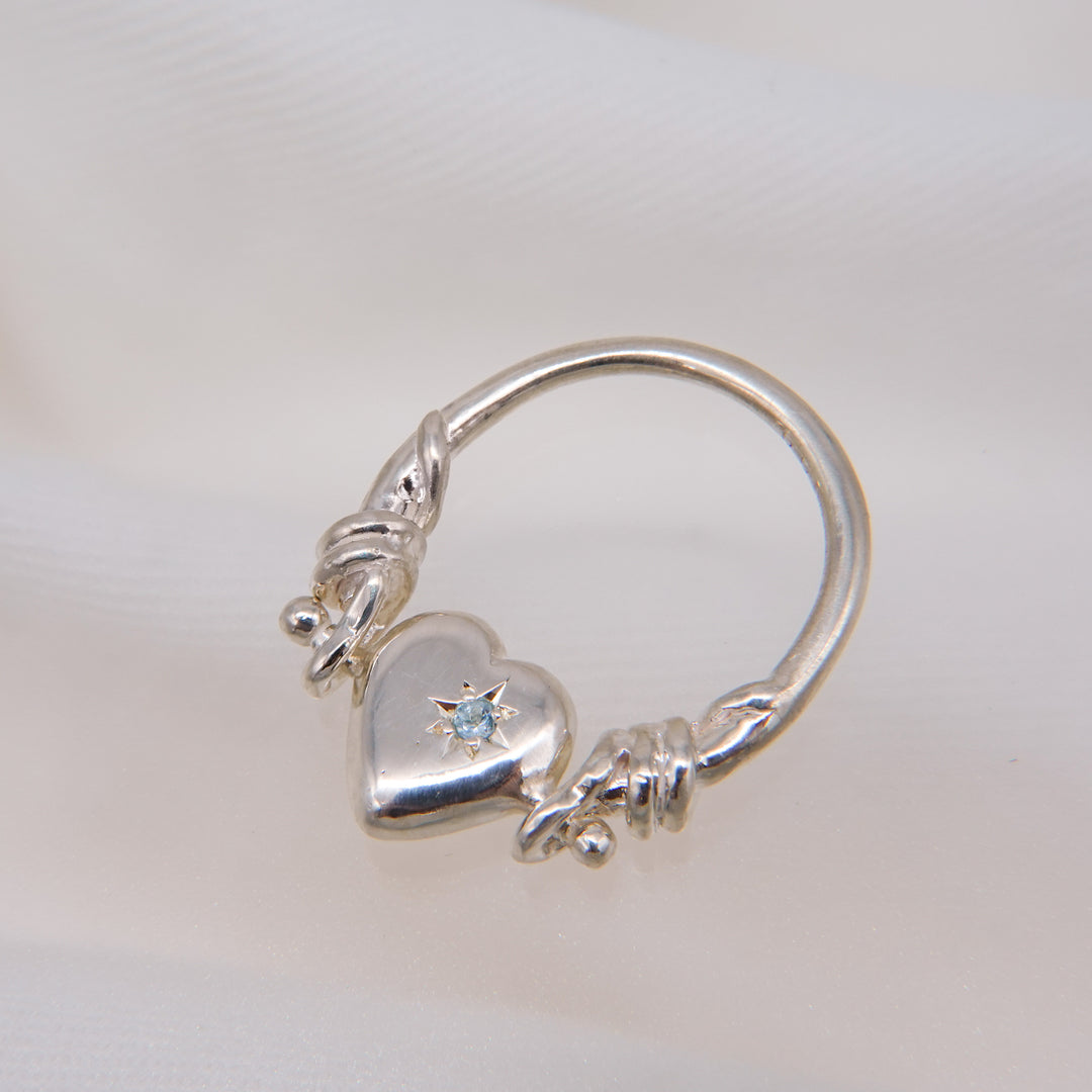 Engraved heart double side ring- Aquamarine