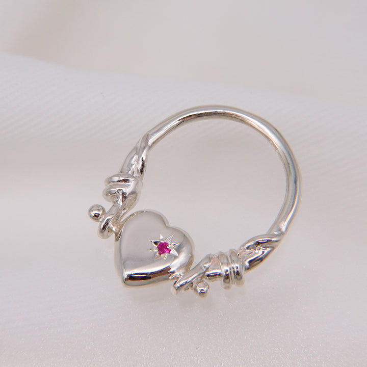 Engraved heart double side ring- Ruby