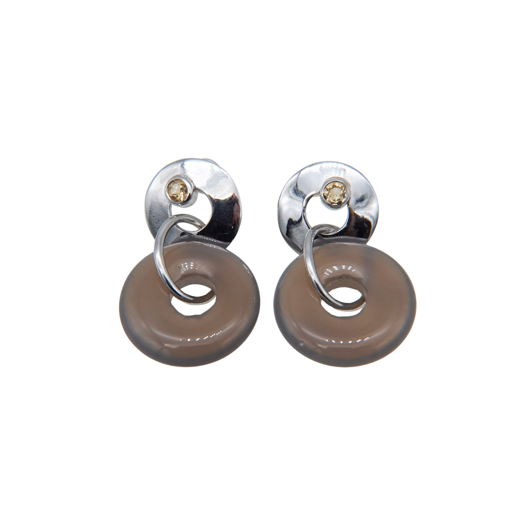 Stone ring earring with citrine/grey agate