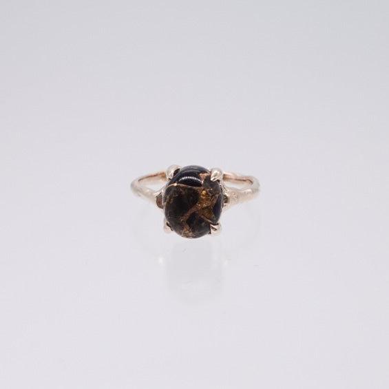 primitive oval stone ring 10x8_copper obsidian